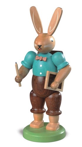 German Easter Figurin Easter Bunny schoolboy, colored, small, 11 cm, Mueller GmbH Kleinkunst aus dem Erzgebirge Seiffen/ Germany