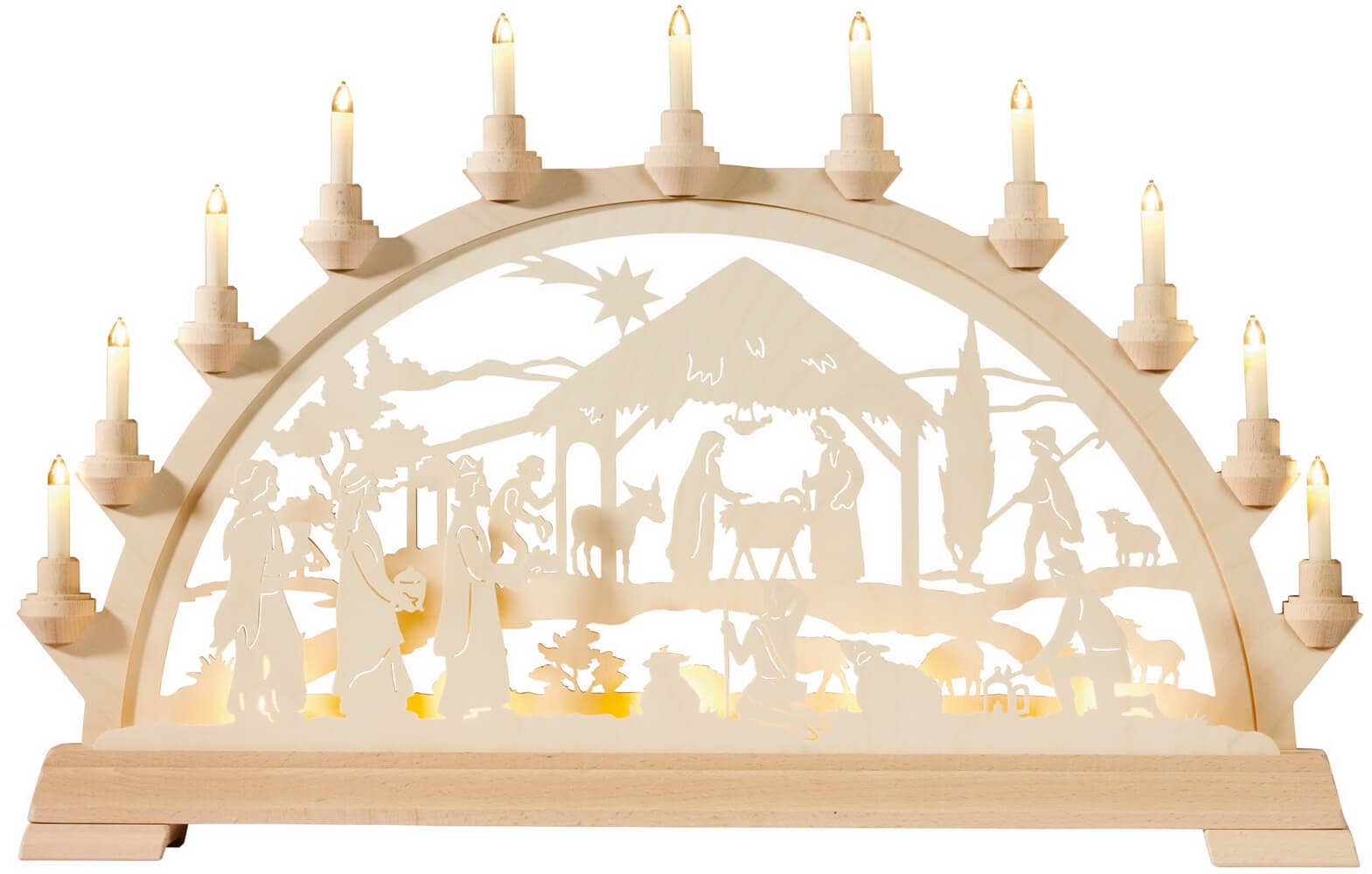 KWO Schwibbogen Heilige Familie mit Königen aus Holz, elektrisch beleuchtet