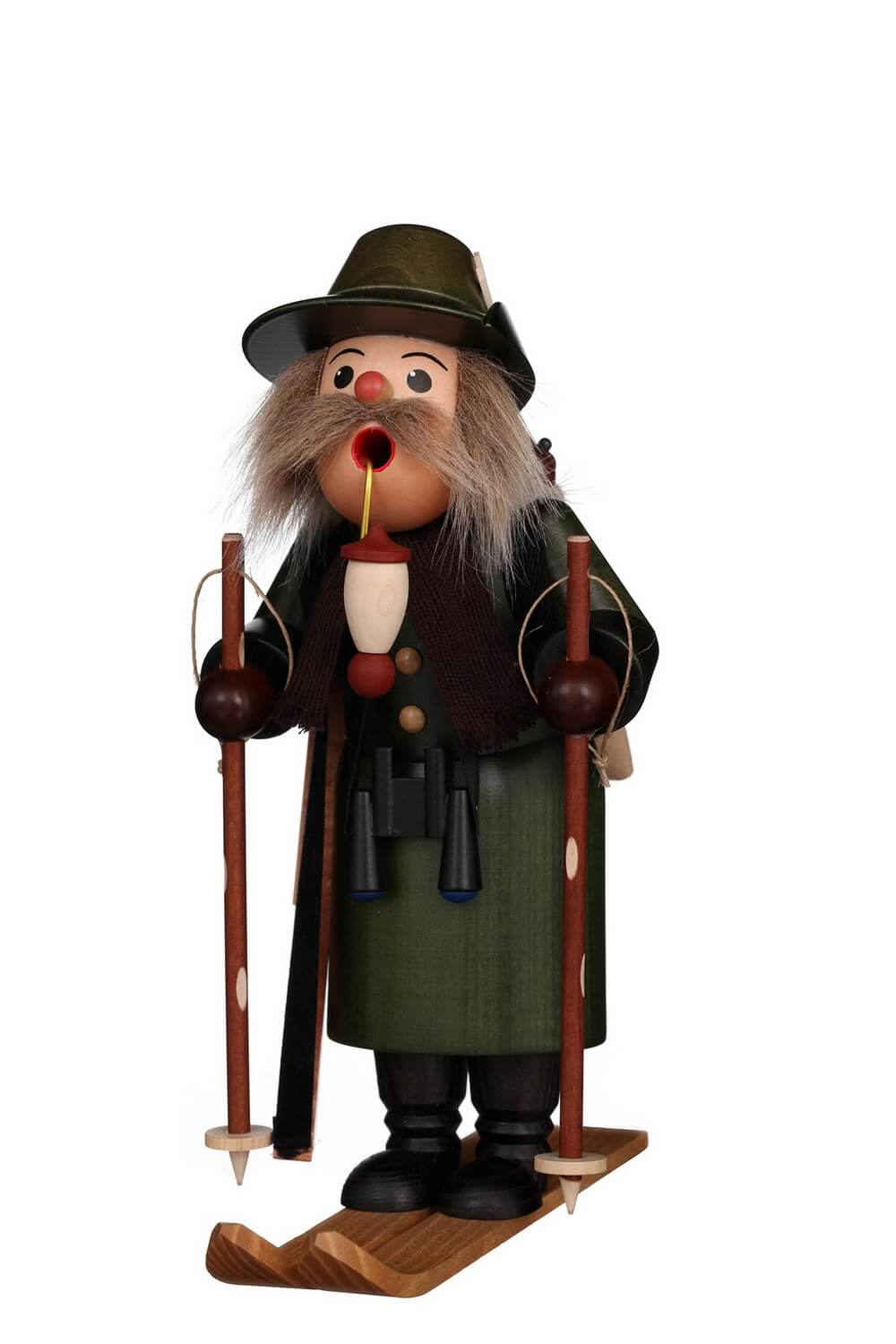 Smoking man forester on skis, 27 cm by Christian Ulbricht