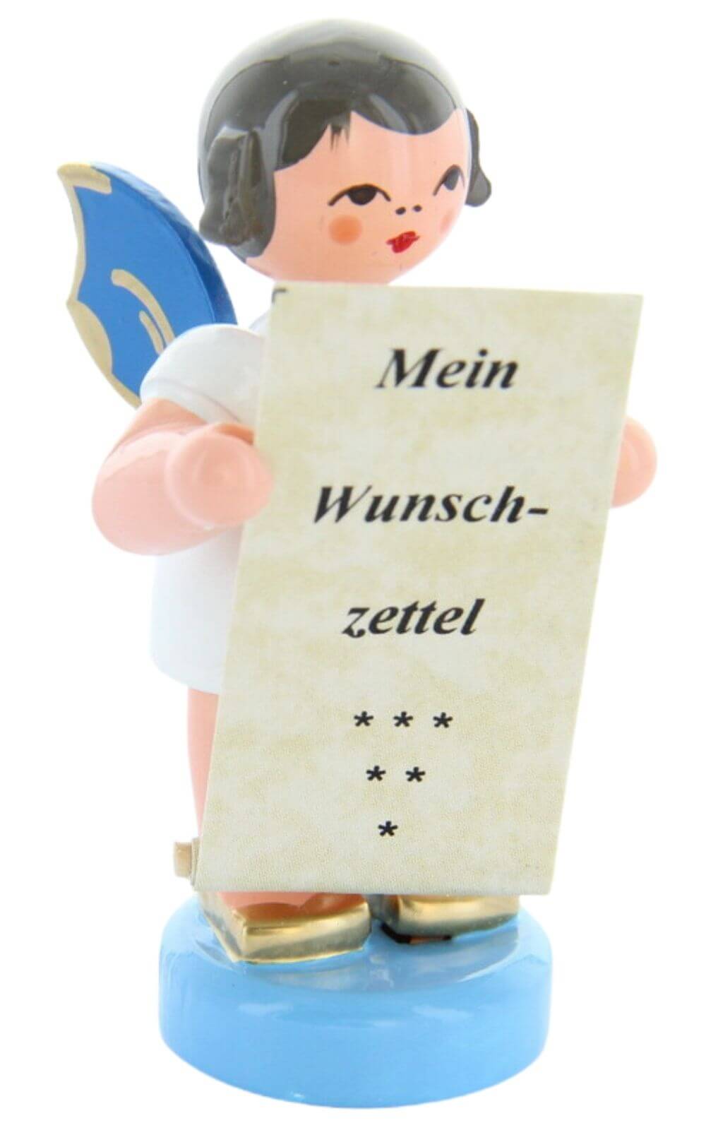 Christmas angel with wish list and blue wings by Figurenland Uhlig