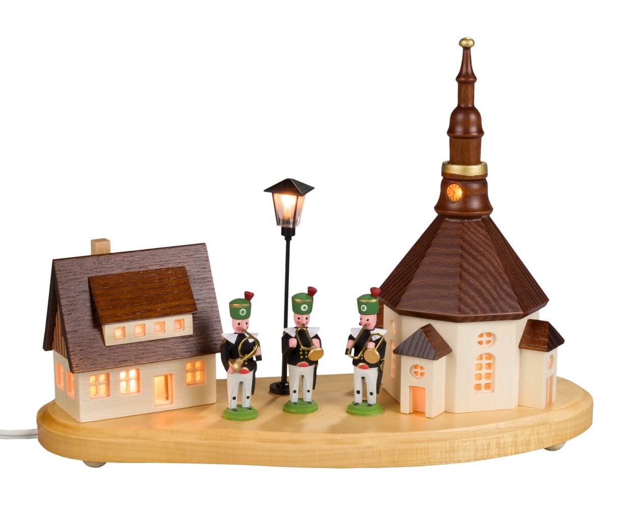 Sockelbrett Seiffener Dorf mit Bergmannskapelle und beleuchteter Straßenlaterne von SEIFFEN.COM