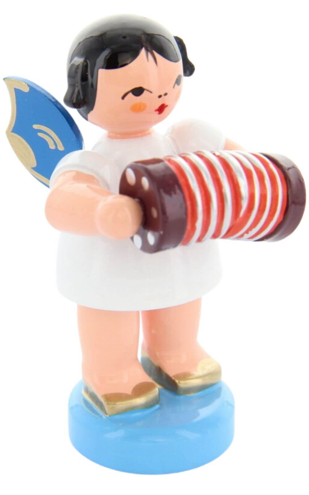 Weihnachtsengel mit Konzertina und blauen Flügeln von Figurenland Uhlig