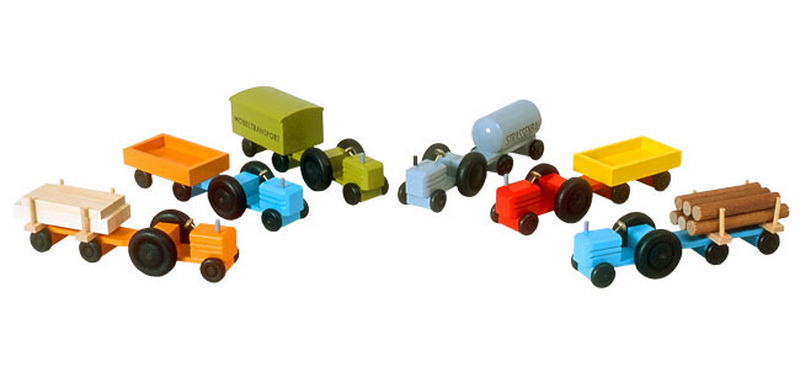 Wooden toy tractors with trailer, 6 pieces, assorted colors by Robbi Weber