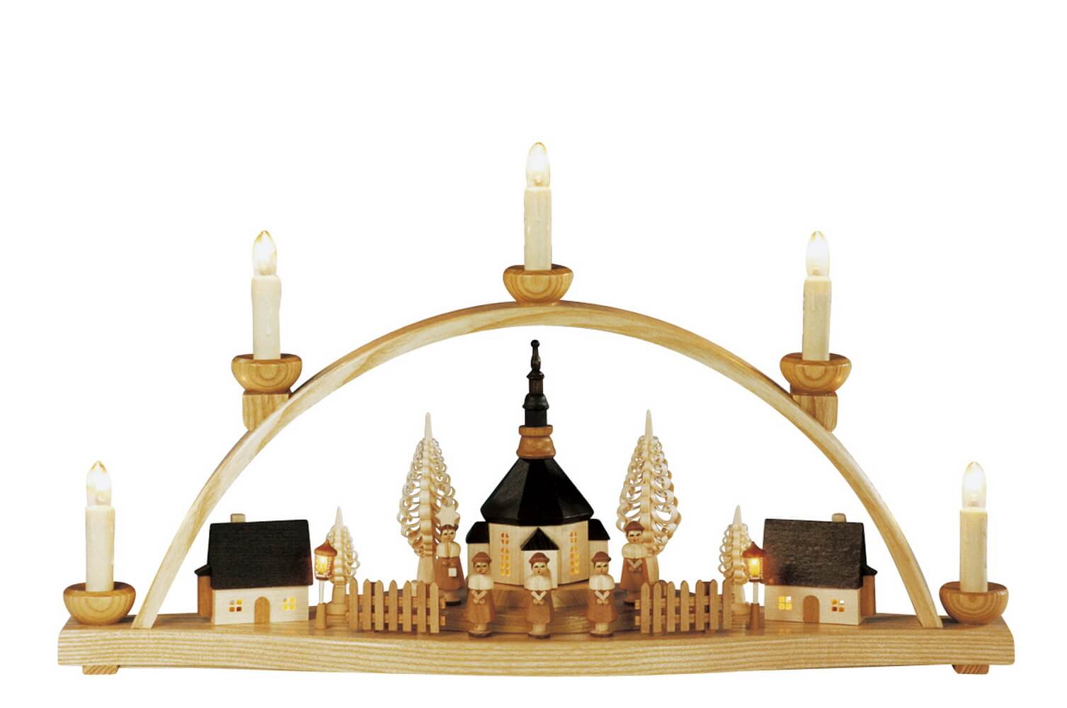 LED candle arch with illuminated Seiffen church, 54 cm by Knuth Neuber_1