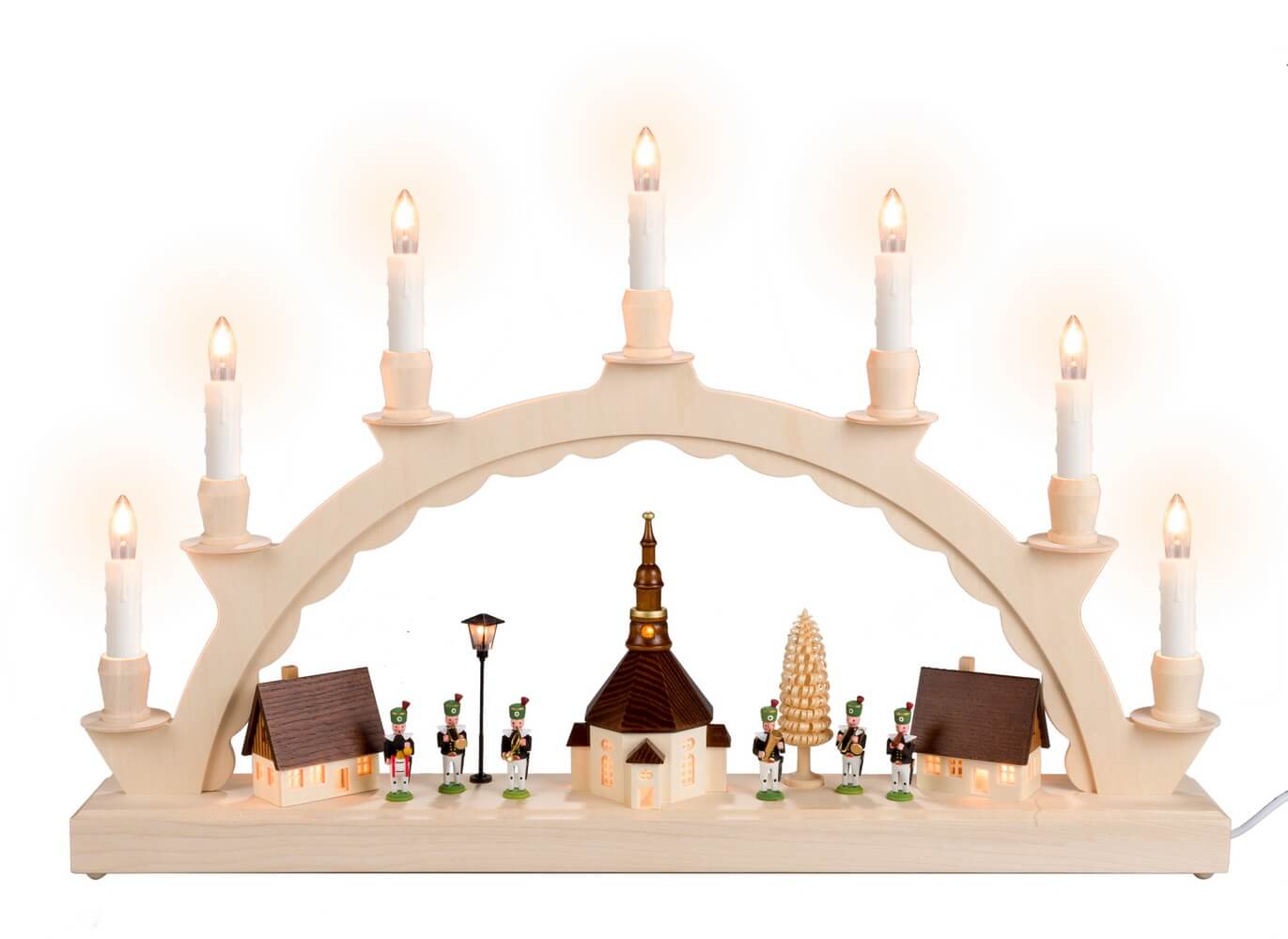 Candle arch Seiffen village with miner's chapel and street lamp by SEIFFEN.COM