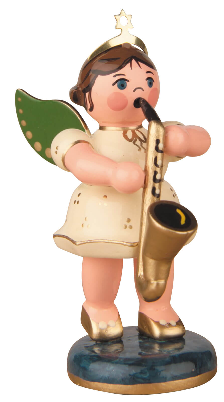 Miniature Christmas angel with saxophone, 7 cm by Hubrig Volkskunst