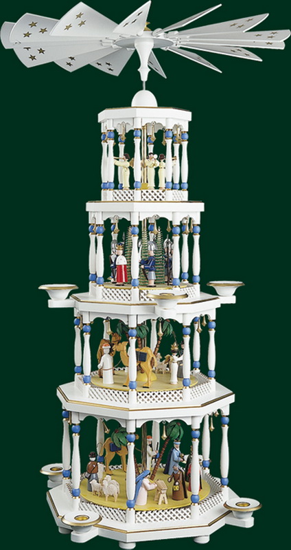 Weihnachtspyramide Christi Geburt, 4 - stöckig, weiß von Richard Glässer