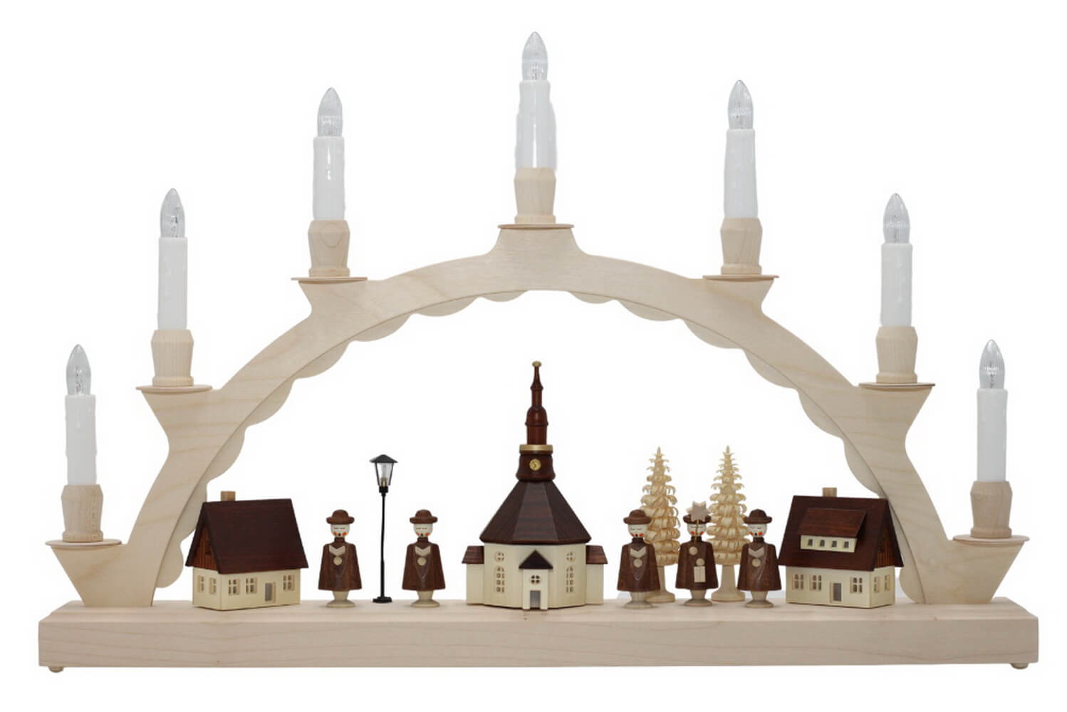 Schwibbogen Seiffener Dorf mit bel. Straßenlaterne und Kirchturmuhr von SEIFFEN.COM_1
