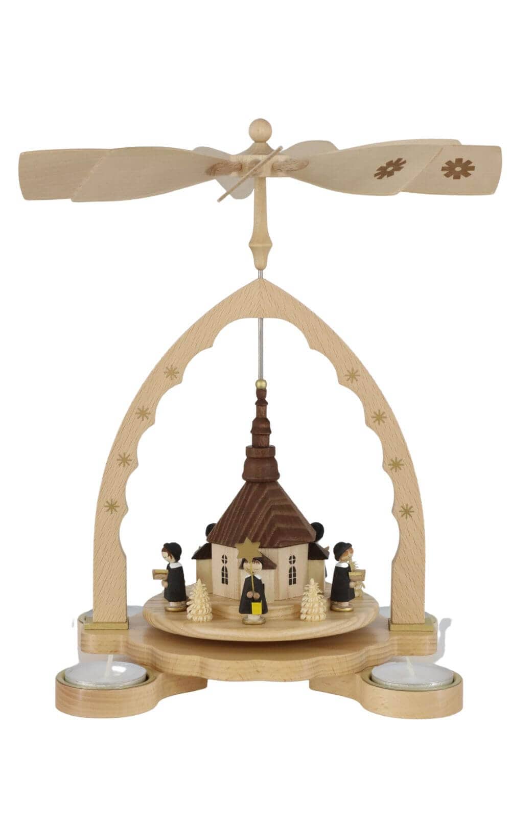Christmas pyramid for tea lights with Seiffen church and Kurrende by Richard Glässer