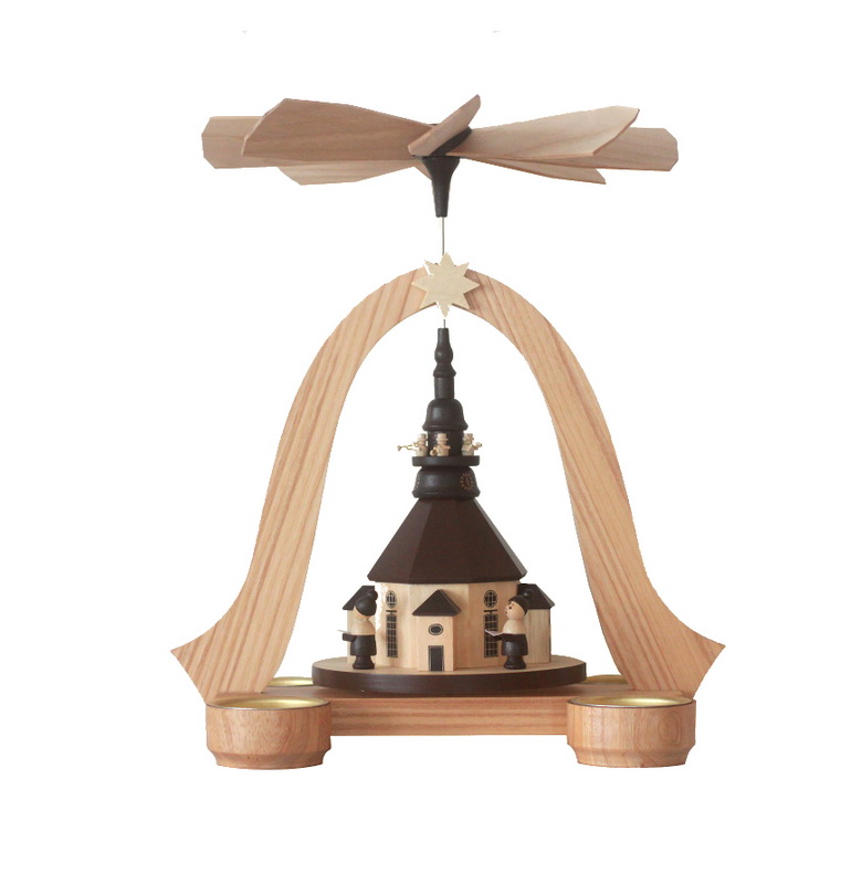 Christmas pyramid for tea lights with Seiffen church, 26 cm by Spielwarenmacher Günther