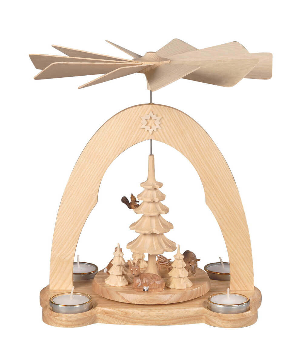 Weihnachtspyramide für Teelichte mit Waldtieren und Bäumen, natur, 28 cm von Albin Preißler