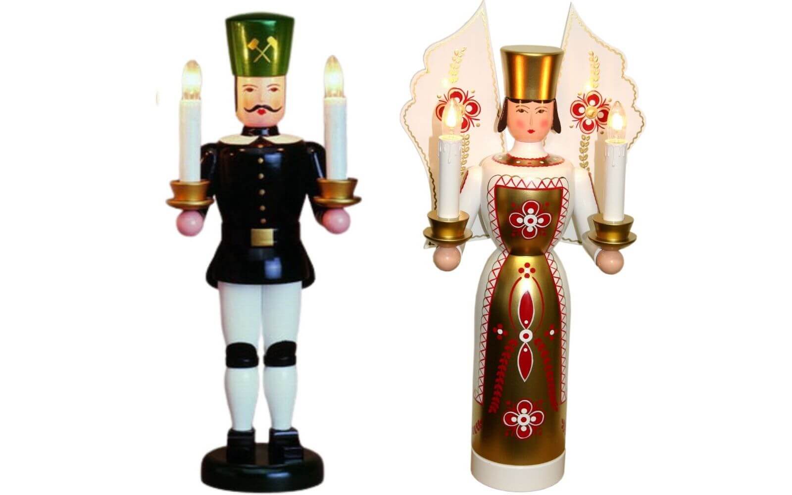 Engel und Bergmann weiß - gold, 36 cm, elektrisch beleuchtet von Holzkunst Gahlenz