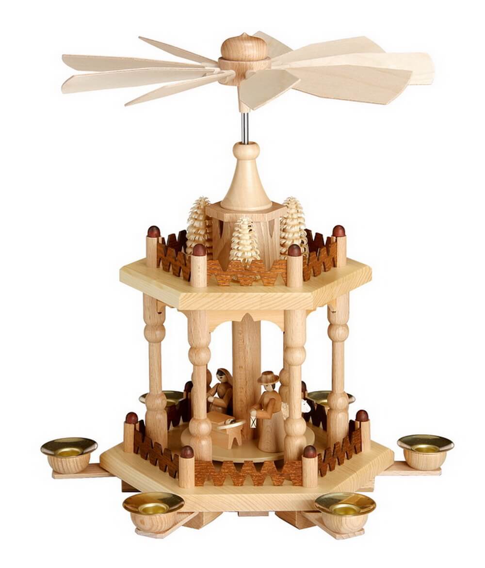 Weihnachtspyramide, 2 - stöckig mit Heiliger Familie, 29 cm von Theo Lorenz