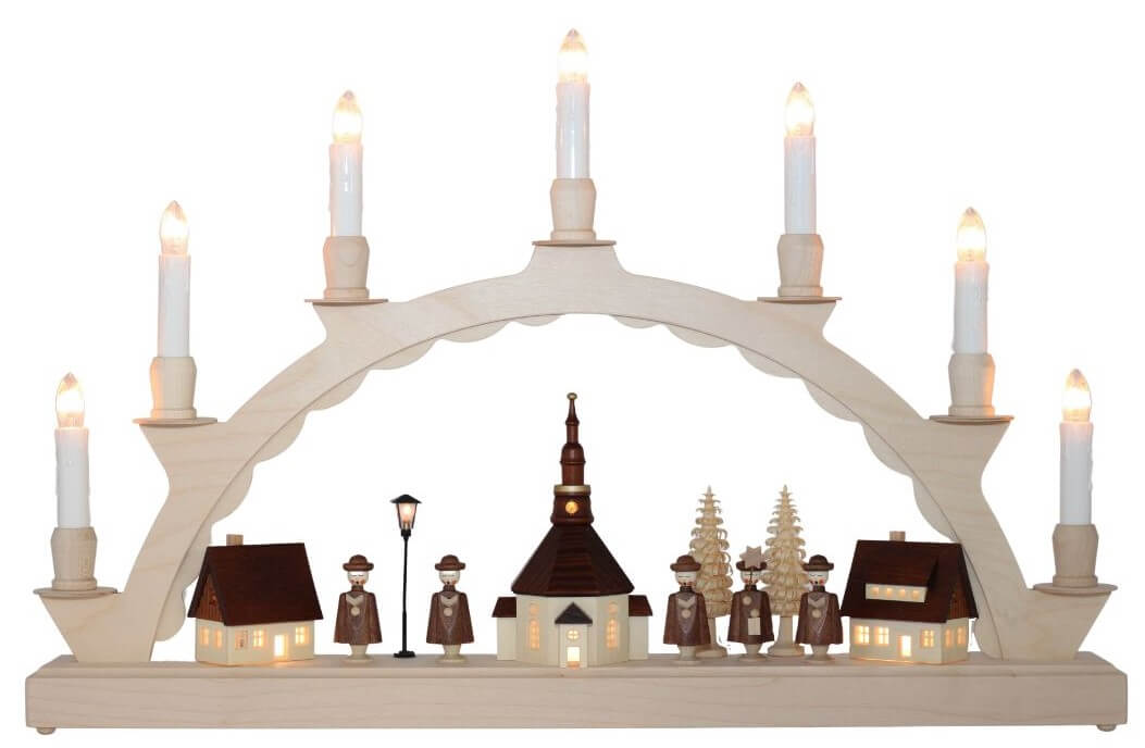 Schwibbogen Seiffener Dorf mit bel. Straßenlaterne und Kirchturmuhr von SEIFFEN.COM