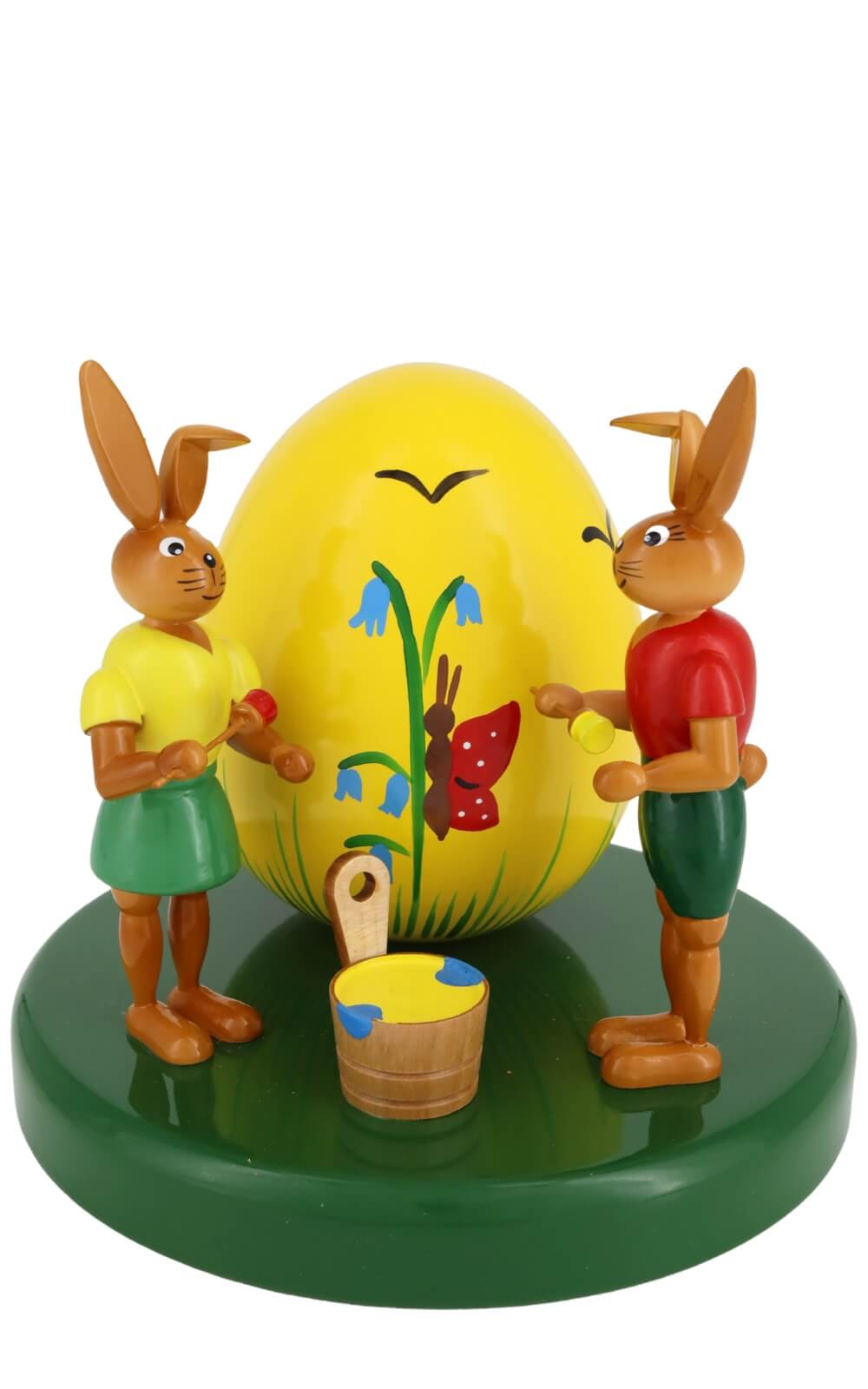 Easter bunny pair with large yellow egg, 13 cm by Holzkunst Gahlenz