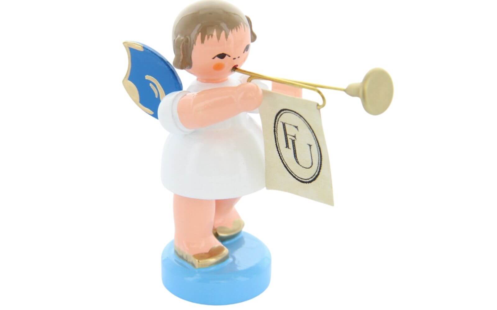 Christmas angel standing with fanfare and blue wings by Figurenland Uhlig GmbH