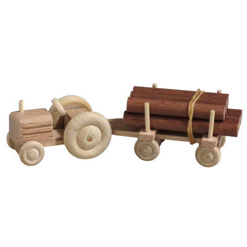 Wooden toy tractor with trailer round wood, natural by Robbi Weber