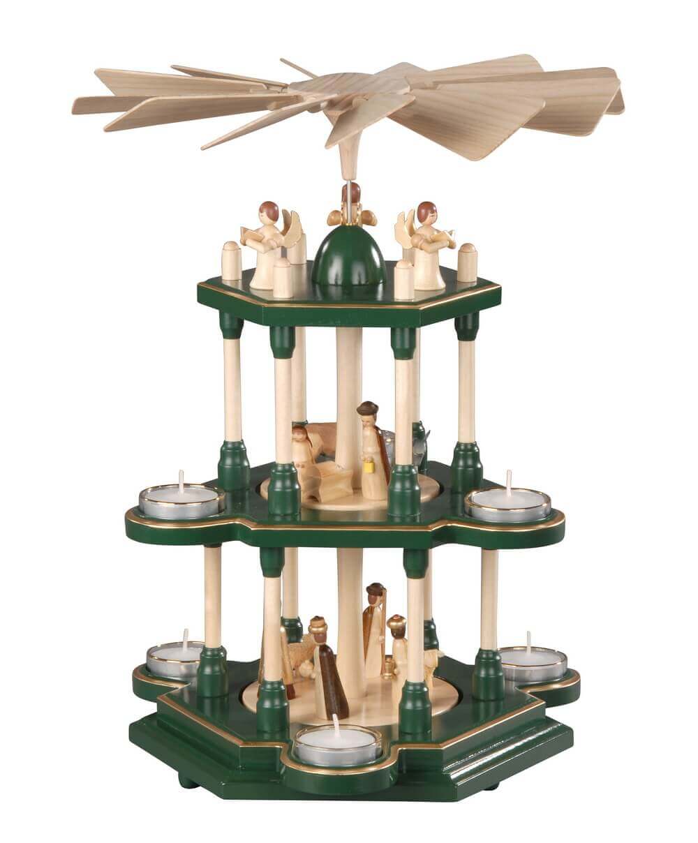 Christmas pyramid for tea lights Holy Family, green, 3-storey, 41 cm by Albin Preißler