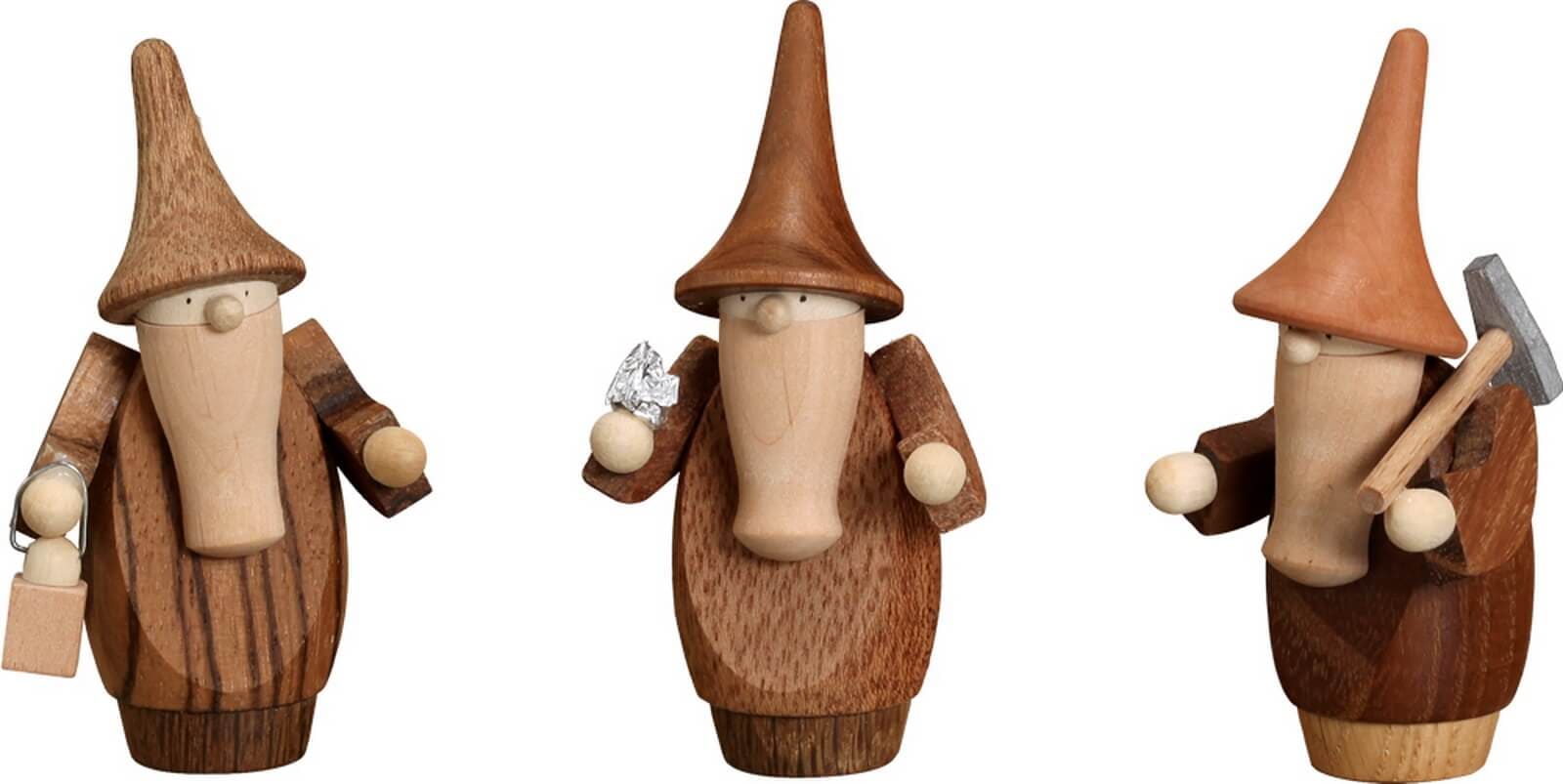 Miniature mountain gnomes made of precious wood, Set of 3 by Seiffener Volkskunst eG