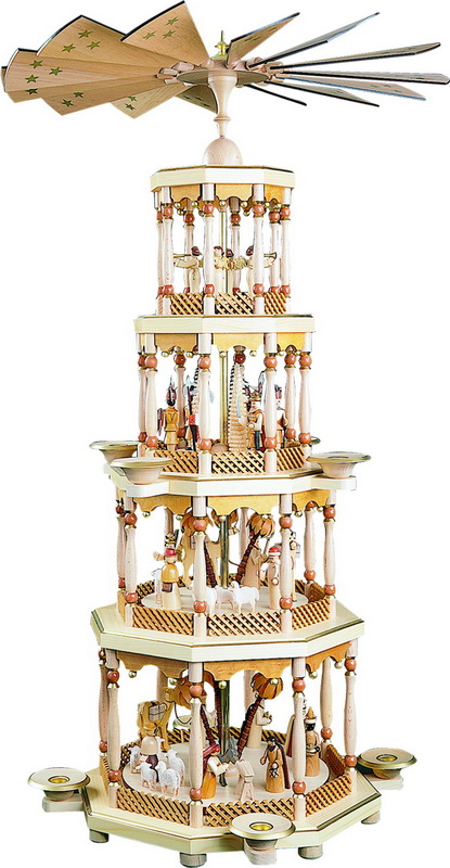 Weihnachtspyramide mit Heiliger Familie, 4 – stöckig, 94 cm von Richard Glässer