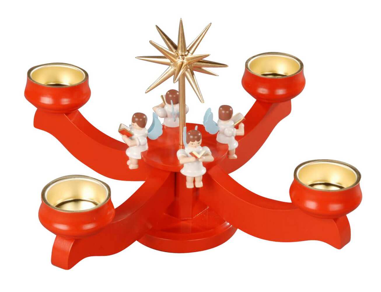 Advent Candle Holder with 4 Seated Angels, Red, for Tealights by Albin Preißler