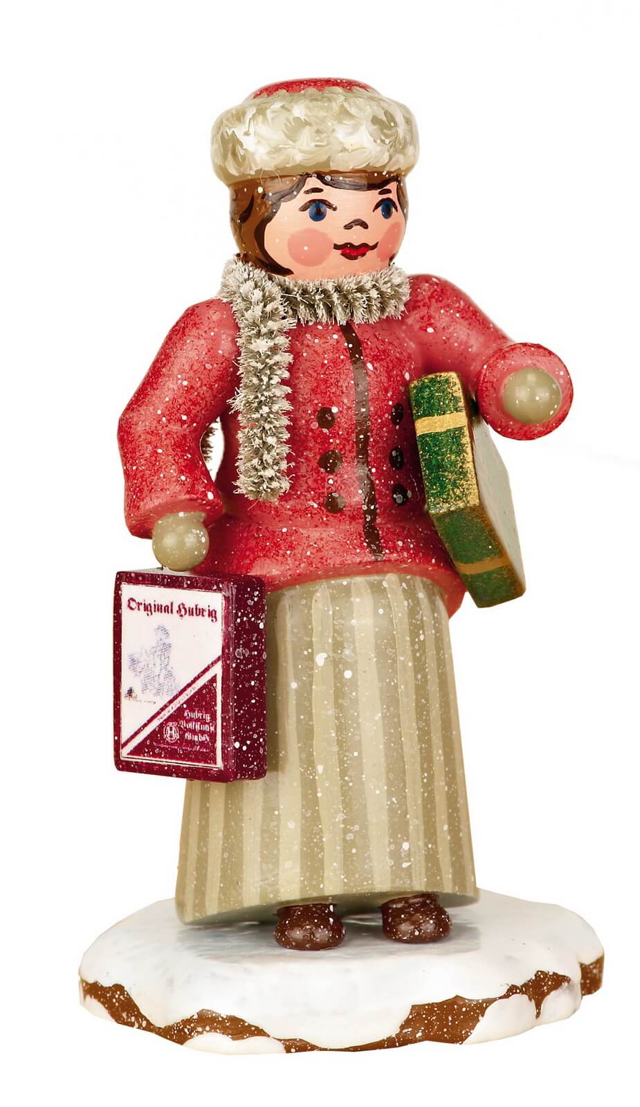 Miniature winter child with Christmas shopping by Hubrig Volkskunst