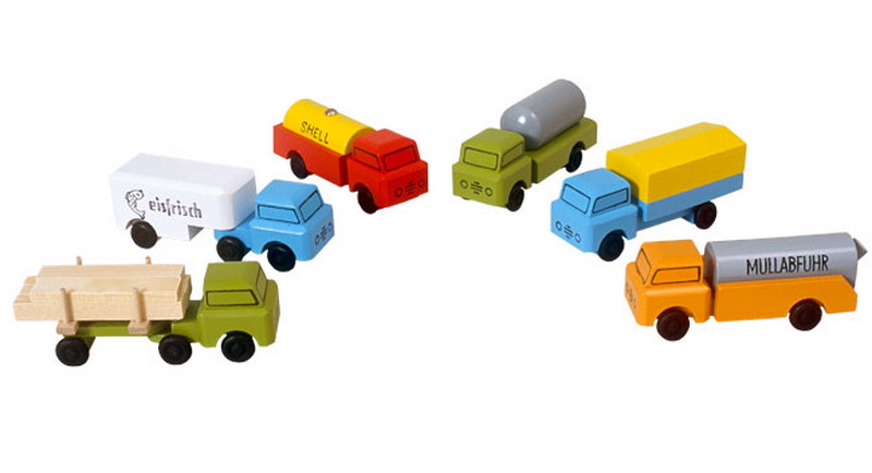 Wooden toy truck set, 6 pieces, colored by Robbi Weber