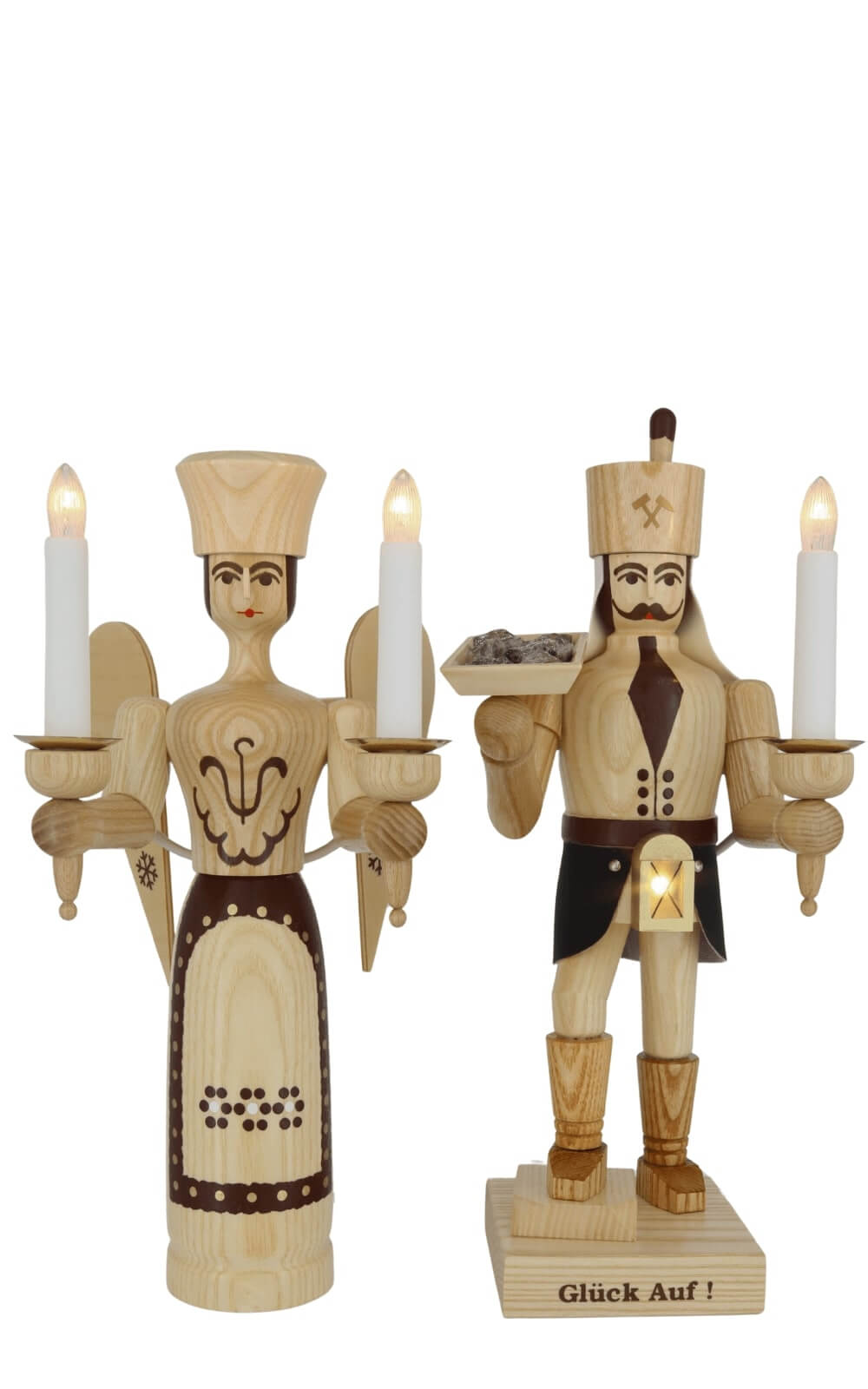Angel and miner with ore bowl and belly lamp, 34 cm / 13,4 inch, natural, electrically illuminated by SEIFFEN.COM_4