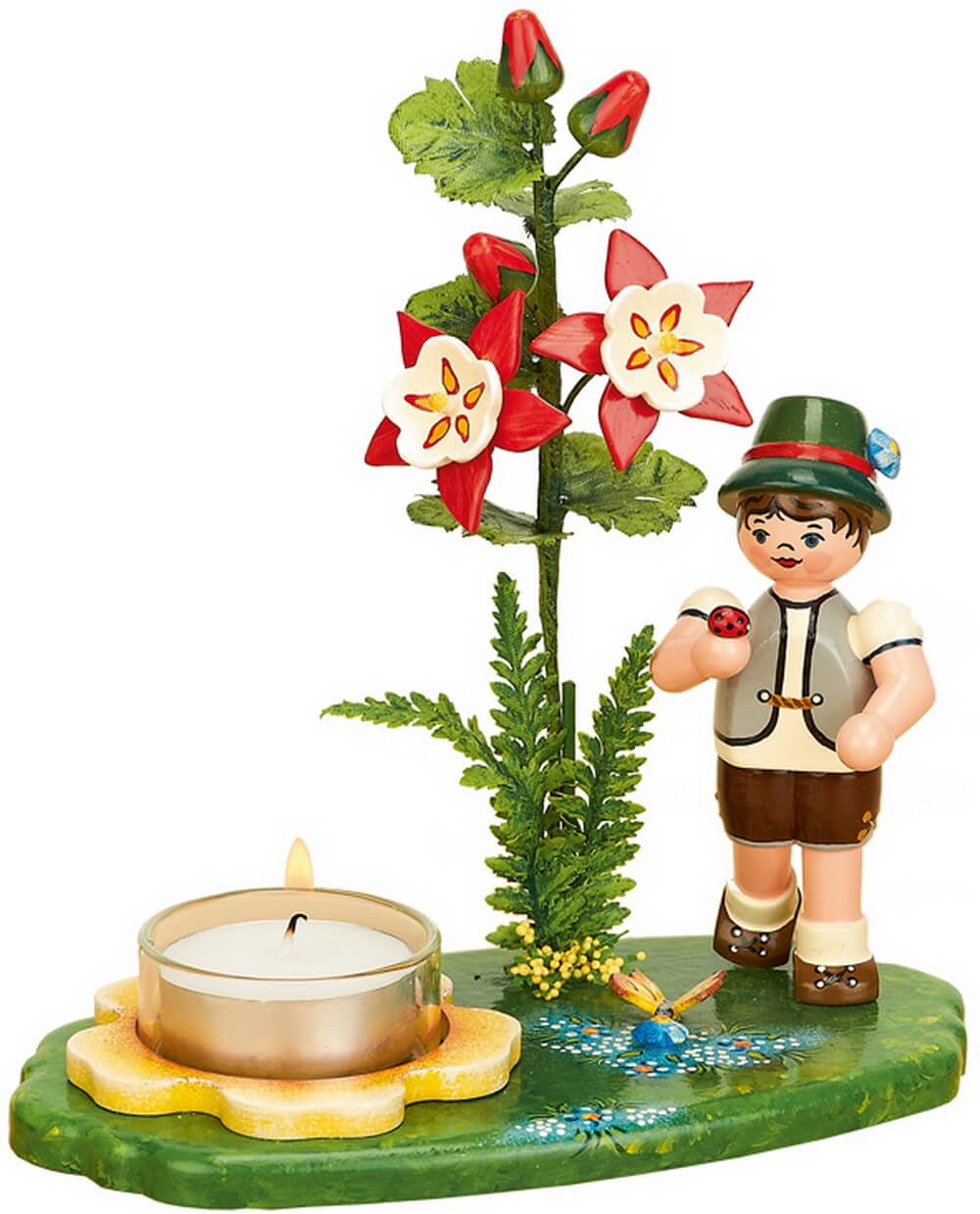 Candle holder flower children boy with columbine by Hubrig Volkskunst