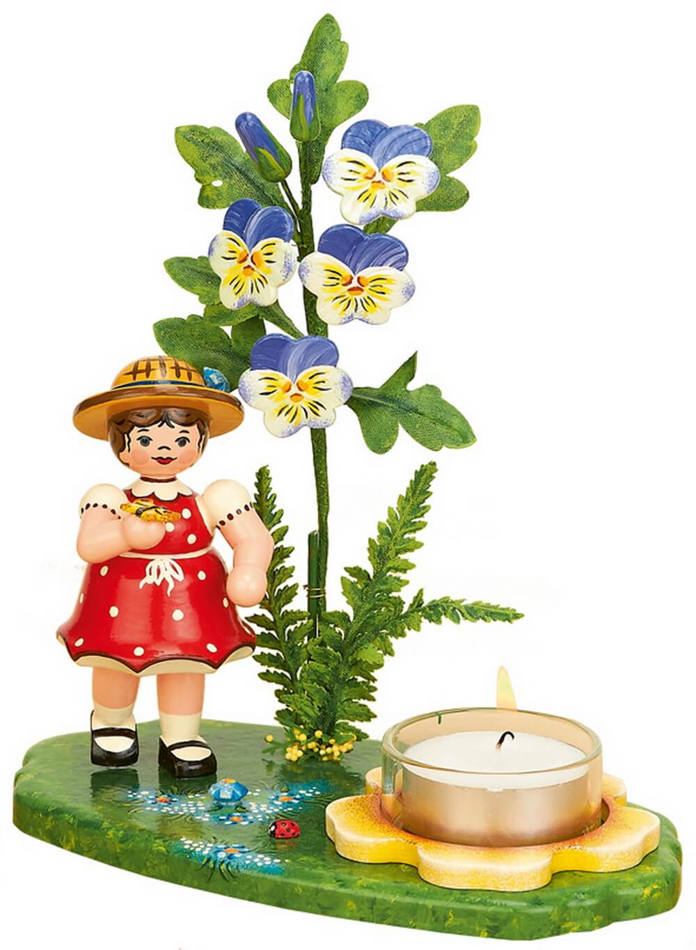 Candle holder flower child girl with horned violets, 17 cm, colored by Hubrig Volkskunst
