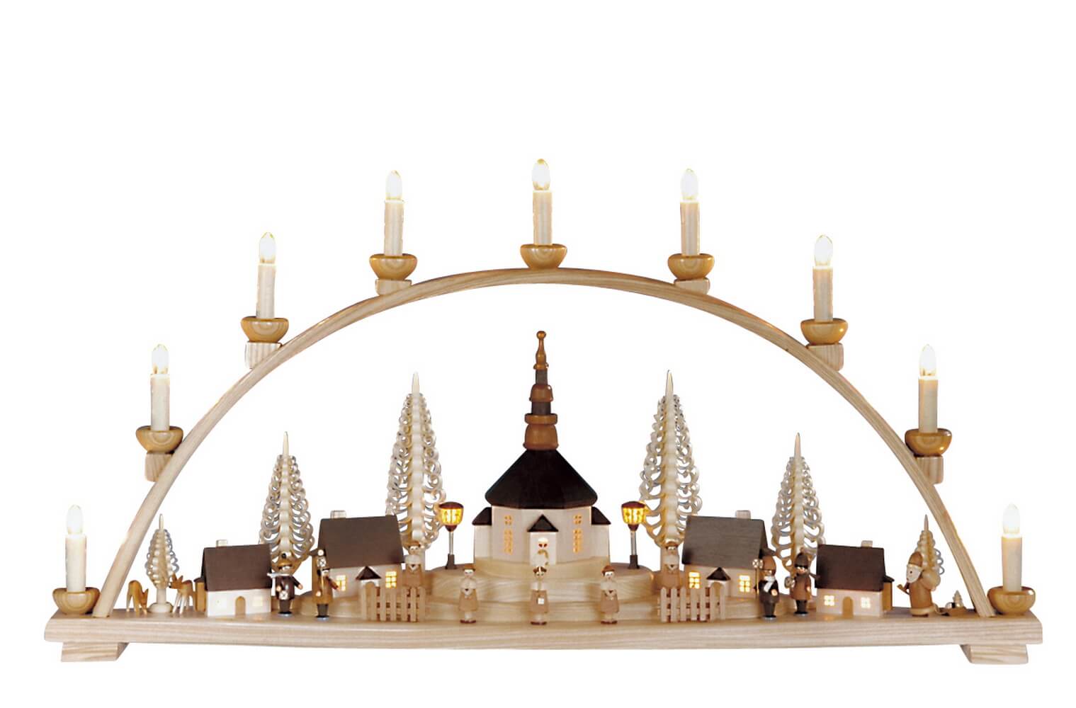 Schwibbogen Seiffener Kirche mit beleuchteten Häusern und Laterne, 80 cm von Knuth Neuber_Bild1