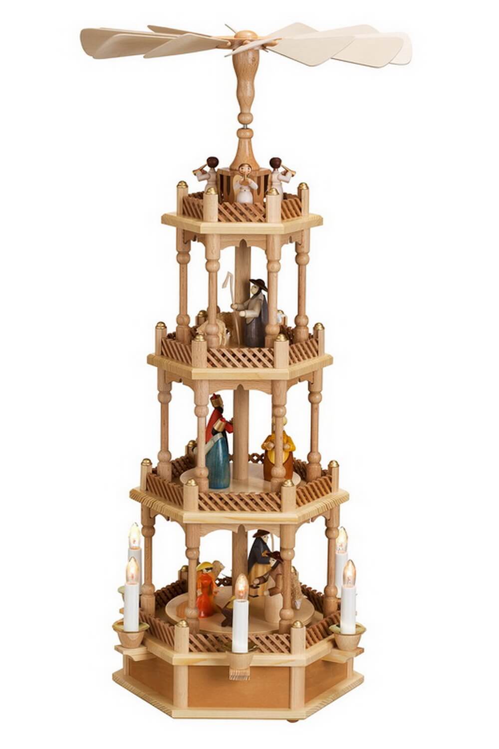 Weihnachtspyramide, 4 - stöckig mit Heiliger Familie, elektrisch beleuchtet, 72 cm von Theo Lorenz
